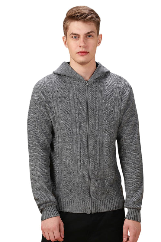 Dennis Lingo Men Solid Acrylic Regular Fit Full Sleeves Cardigan Sweater Grey Melange
