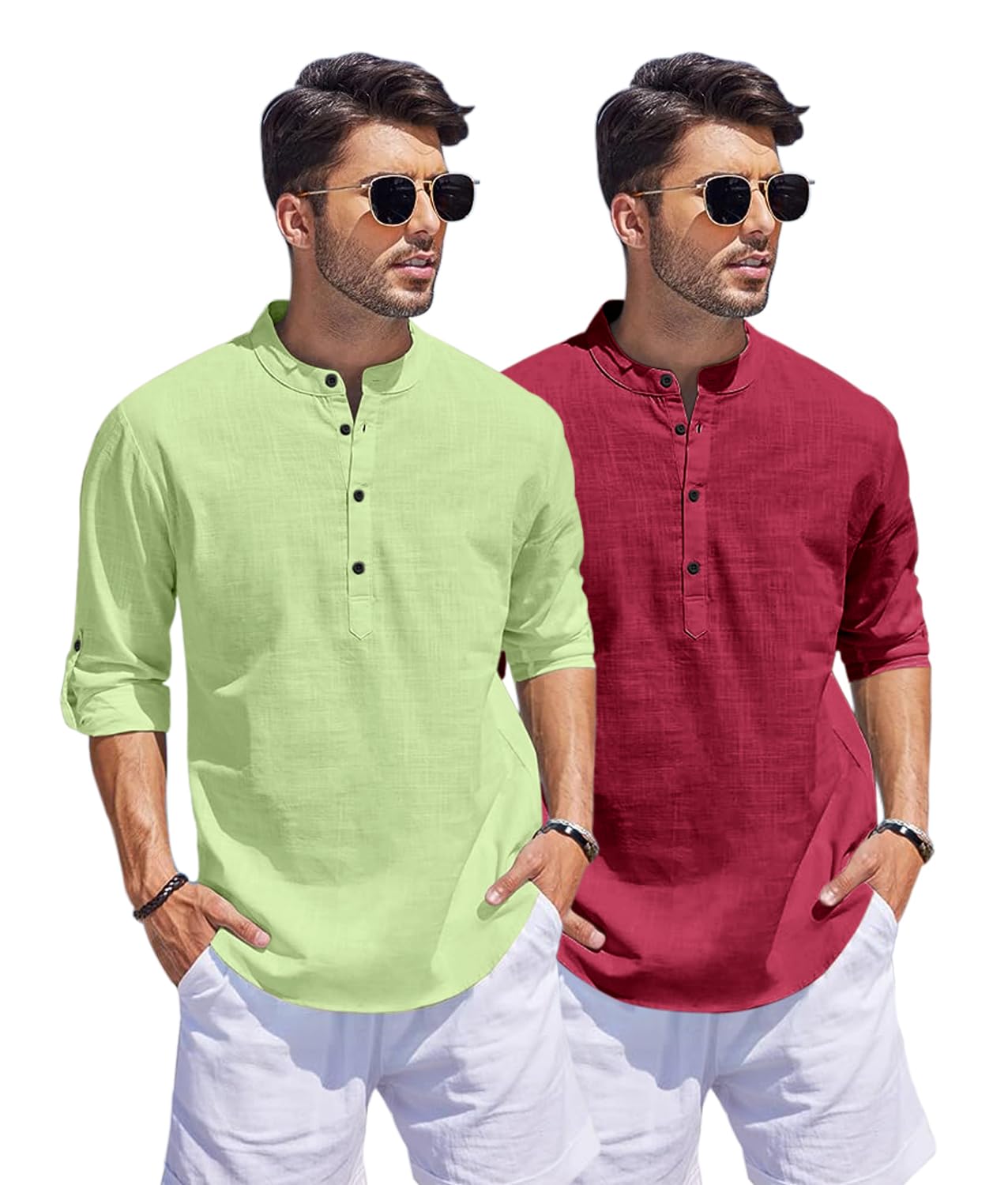 Hemrin Combo Of Men Solid Cotton Blend Straight Kurta Shirt Pack Of 2