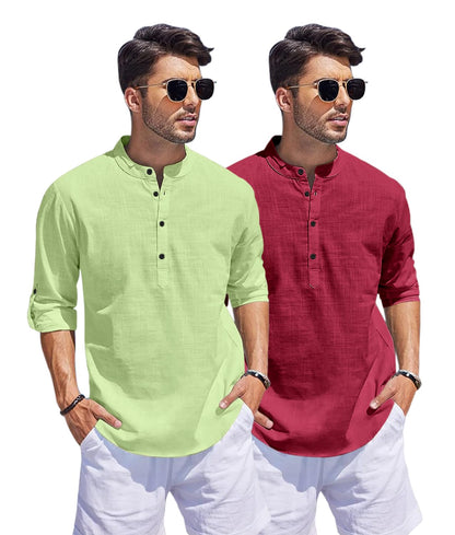 Hemrin Combo Of Men Solid Cotton Blend Straight Kurta Shirt Pack Of 2