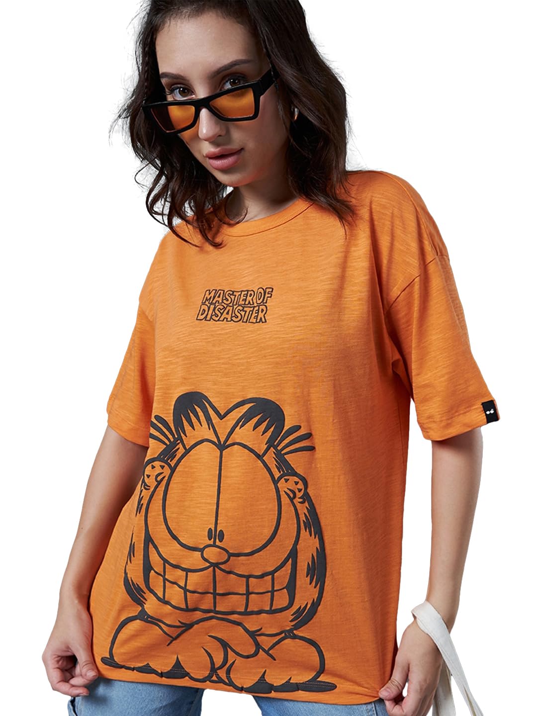 Bewakoof Air 1.0 Official Garfield Merchandise Womens Graphic Printed Oversized Fit Half Sleeve Round Neck Cotton Tshirt_615033