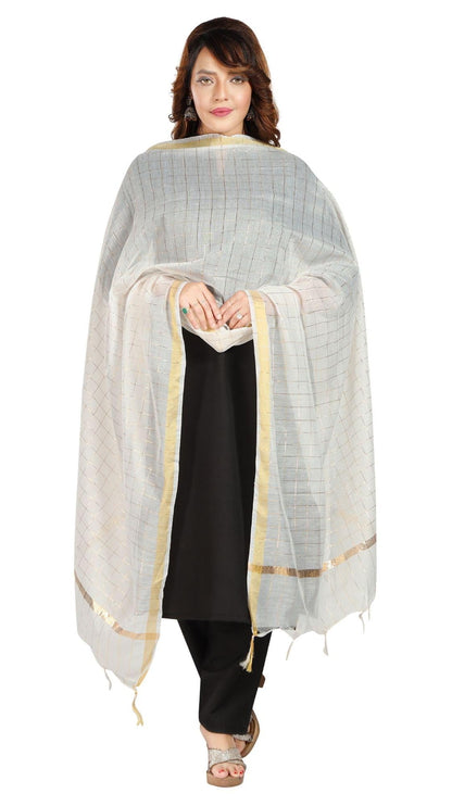 Fabme Silk Blend Women'S Checkered Dupatta With Embellish Golden Border Off-White Free Size