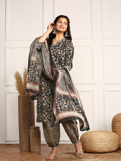 Ishin Kalamkari Embellished Cotton Kurta With Afghani Pants & Flowy Mulmul Dupatta | Kurta Set For Women | Kurta With Trousers A