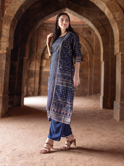 Aurelia Women Maritime Blue Polyester Straight Kurta, Trousers, Gillet Suit Set_23Aud14603-506298