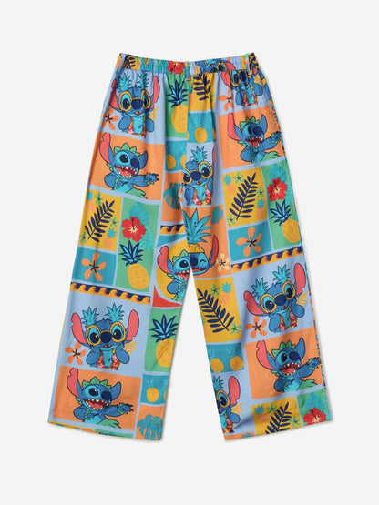 The Souled Store Lilo & Stitch: Pineapple Girls Buttoned Multicolour All Over Printed Straight Fit Cotton Pants (2-8 Yrs)