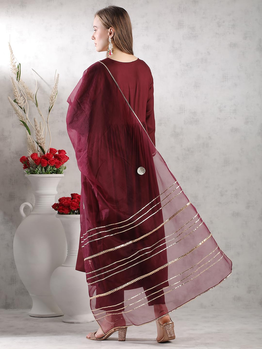 Gosriki WomenS Rayon Blend Anarkali Solid Kurta With Pant & Dupatta (Jaynti Wine-Vks04-Gs_Xl_Wine_X-Large)