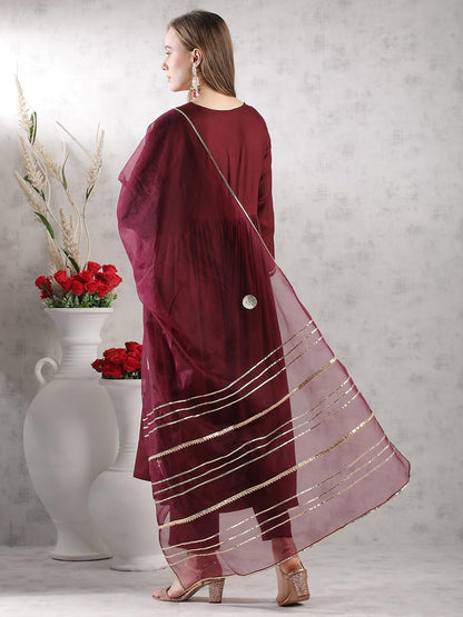 Gosriki WomenS Rayon Blend Anarkali Solid Kurta With Pant & Dupatta (Jaynti Wine-Vks04-Gs_Xl_Wine_X-Large)