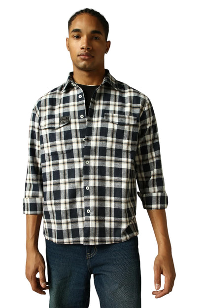 Hubberholme Men Check Cotton Oversized Fit Collar Long Sleeve Shirts 15 Navy