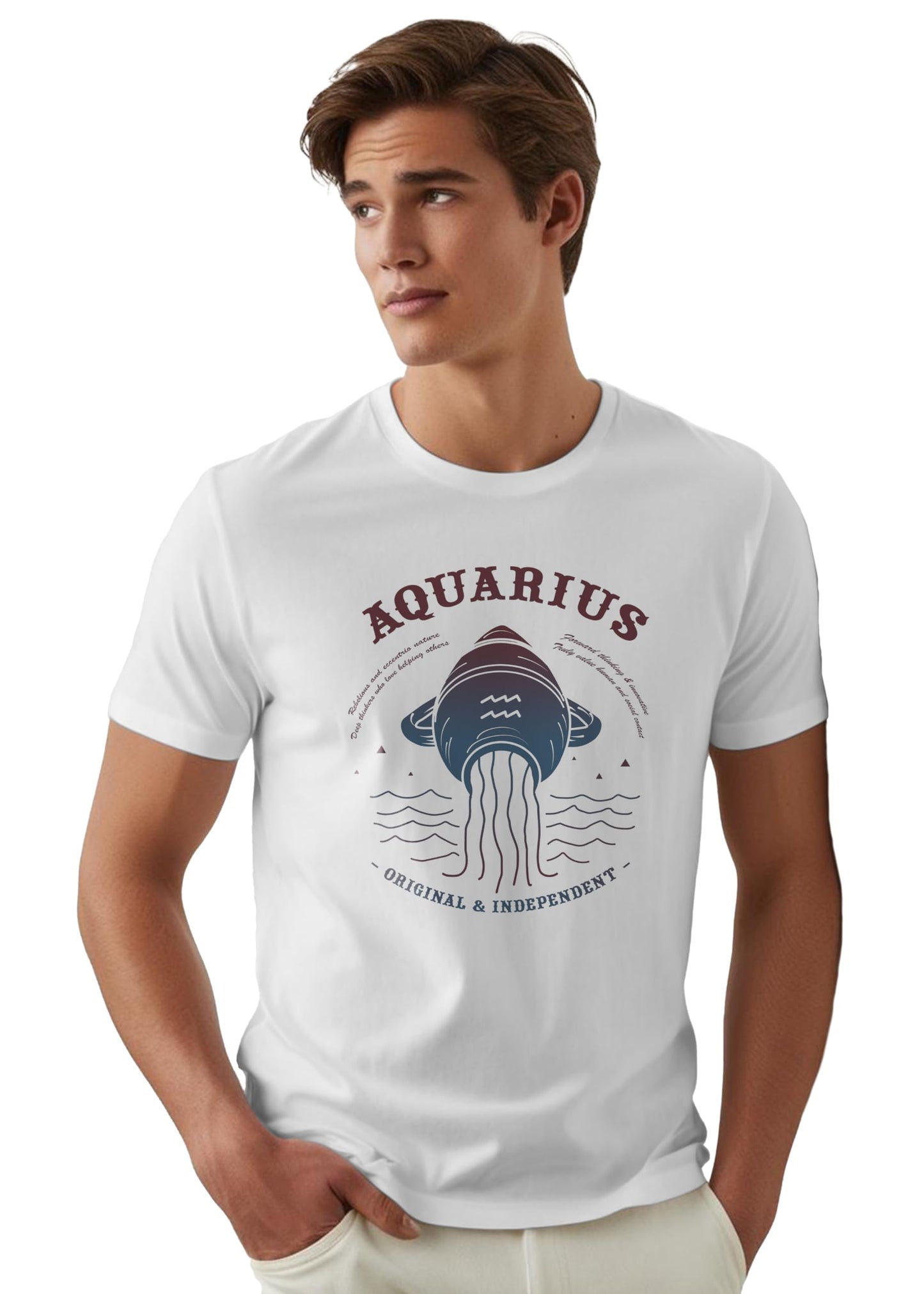 Peppyzone Mens Regular Fit T-Shirt (PZ-ZodiacAquarius6001_White