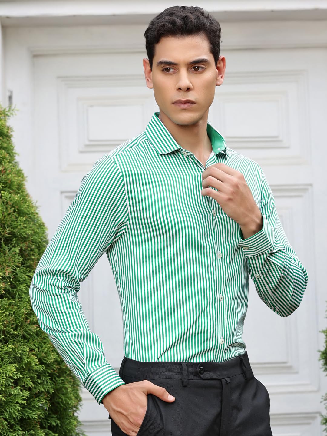 Thomas Scott 100% Cotton Strpes Slim Fit Formal Shirts for Mens Green