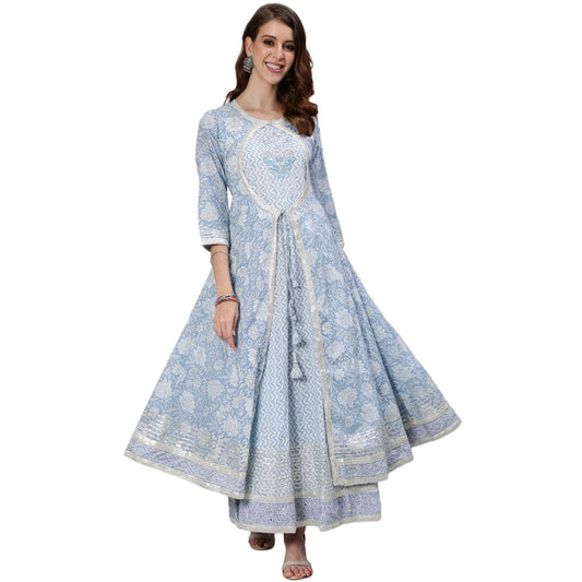ishin Women's Cotton Anarkali Embroidered Zari Floral Print Blue Kurti & Jacket