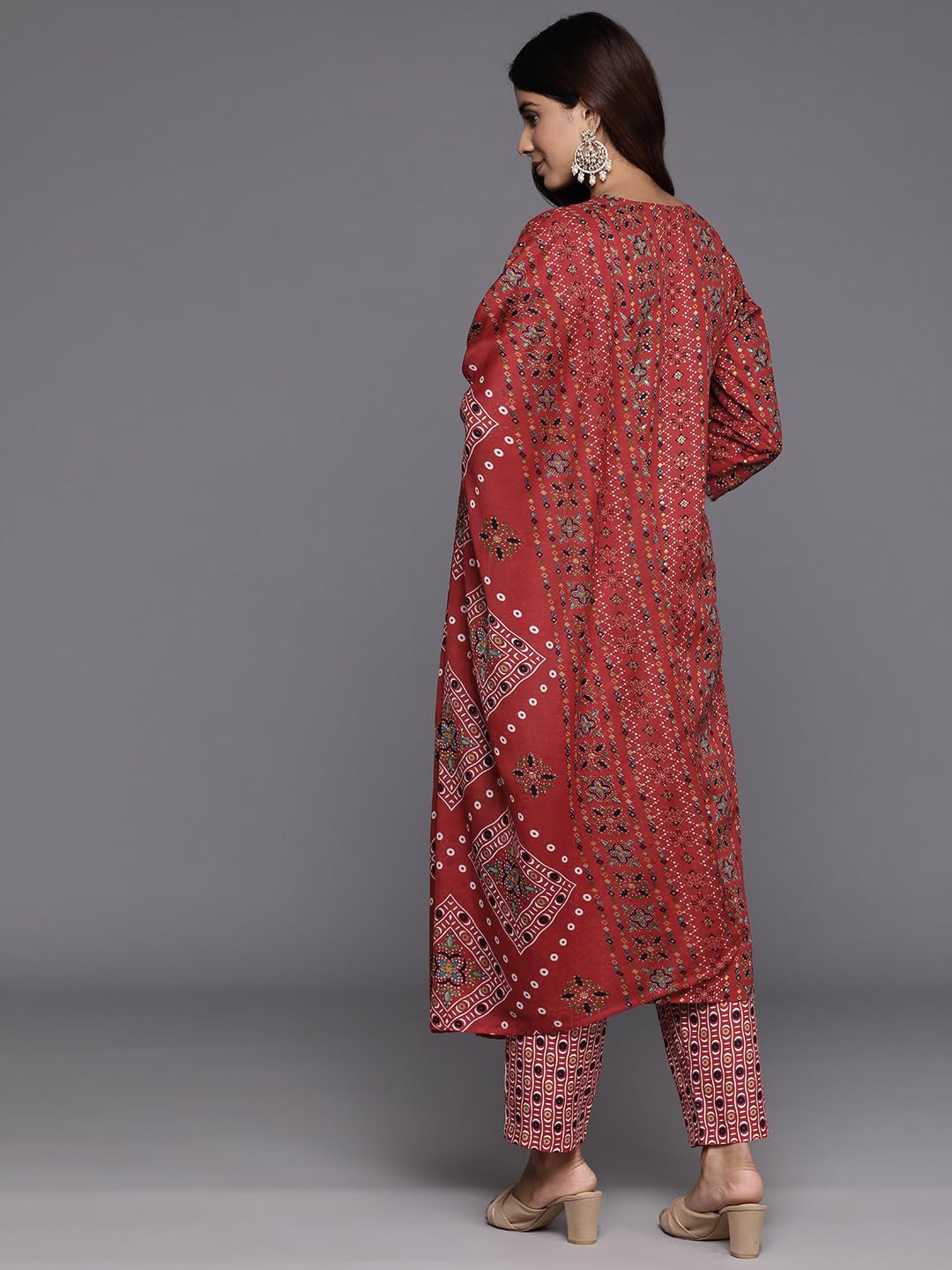 Varanga Women Red Printed V-Neck Embroidered Kurta With Bottom And Dupatta