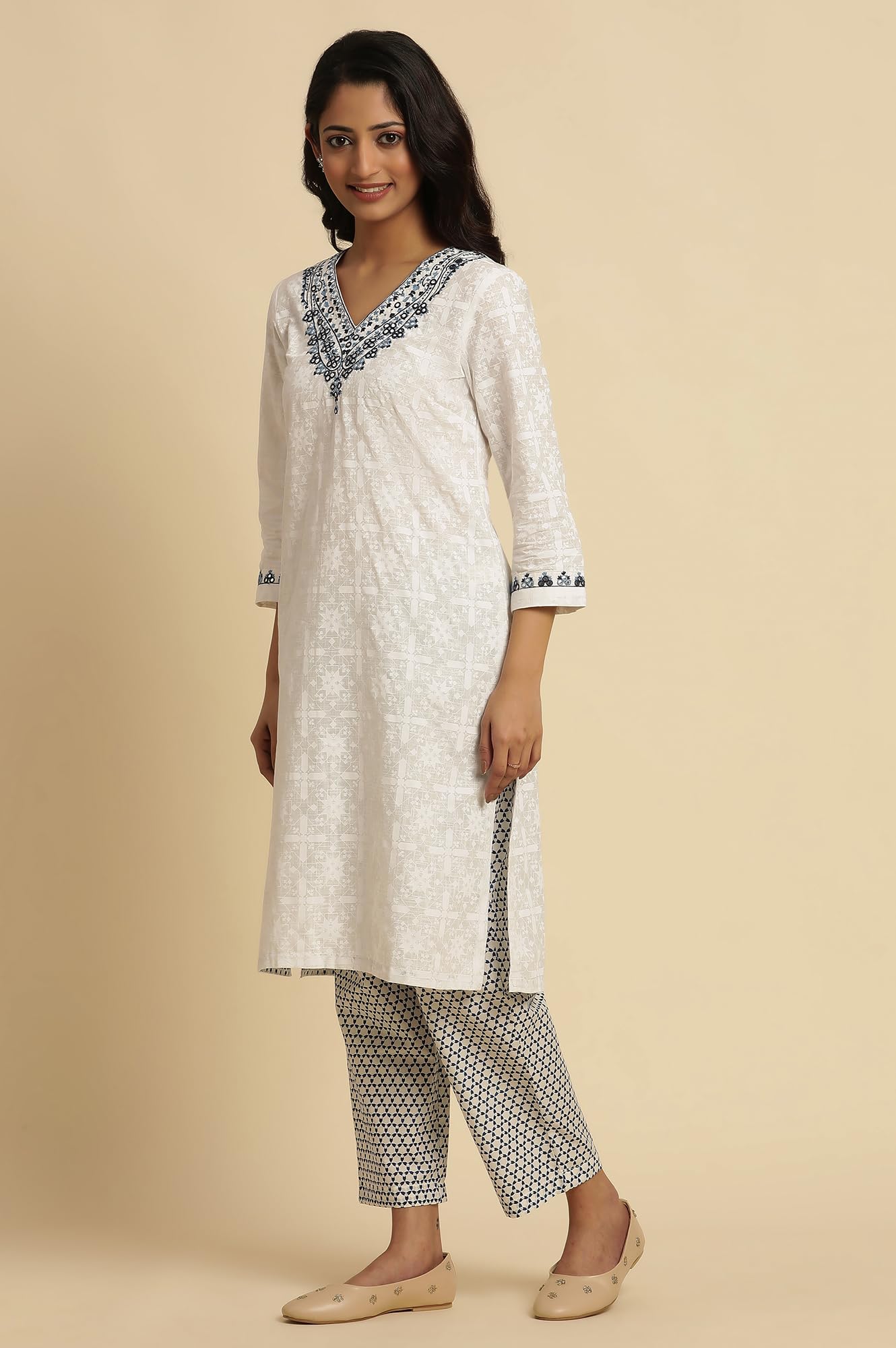 W For Woman W For Womanhite Geometric Printed Cotton Regular Kurta