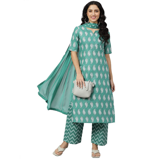 GoSriKi Women's Cotton Blend Printed Straight Kurta, Palazzo & Dupatta (Tinka_New-GO)