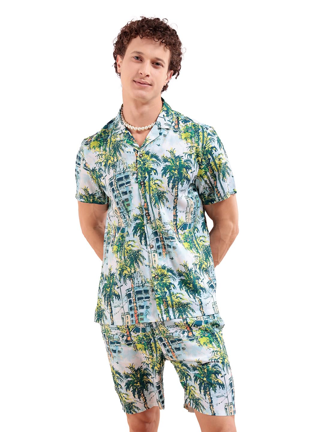 The Indian Garage Co Men Blue Regular Fit Tropical Printeded Co-ordinates