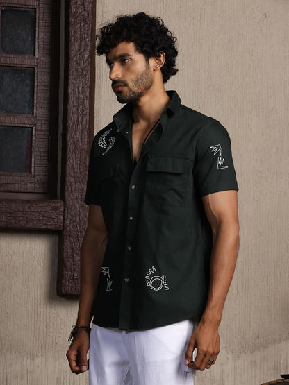 Thomas Scott Short Sleeve Double Pockets Self Printed Casual Shirts for Mens Green