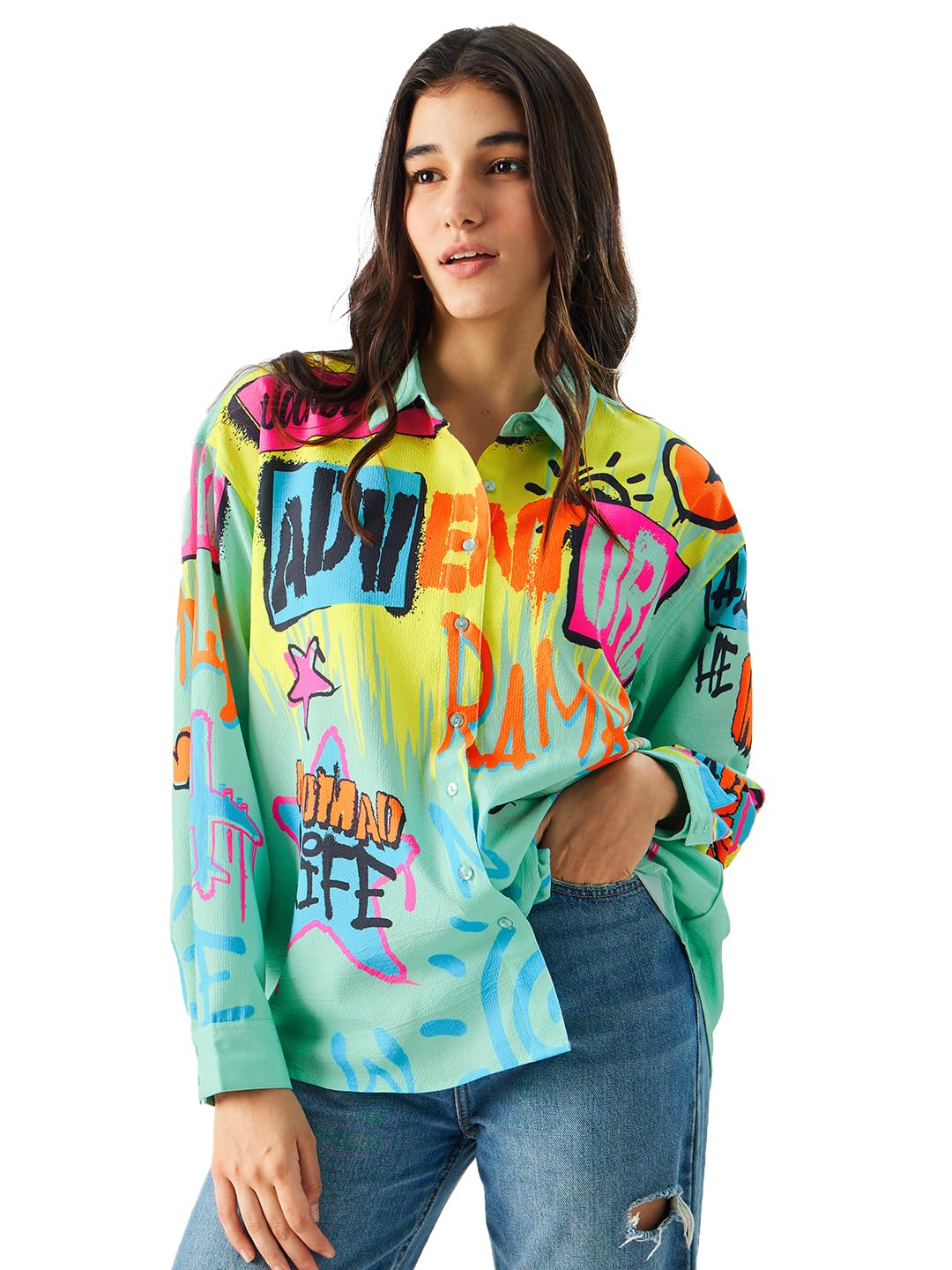 The Souled Store Wanderlust Women and Girls Long Sleeve Collared Neck Button Down Oversize Fit Multicoloured All Over Graphic Pr
