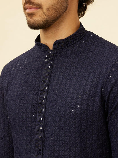 Manyavar Mens Blue Viscose Embroidered Kurta Pyjama Set