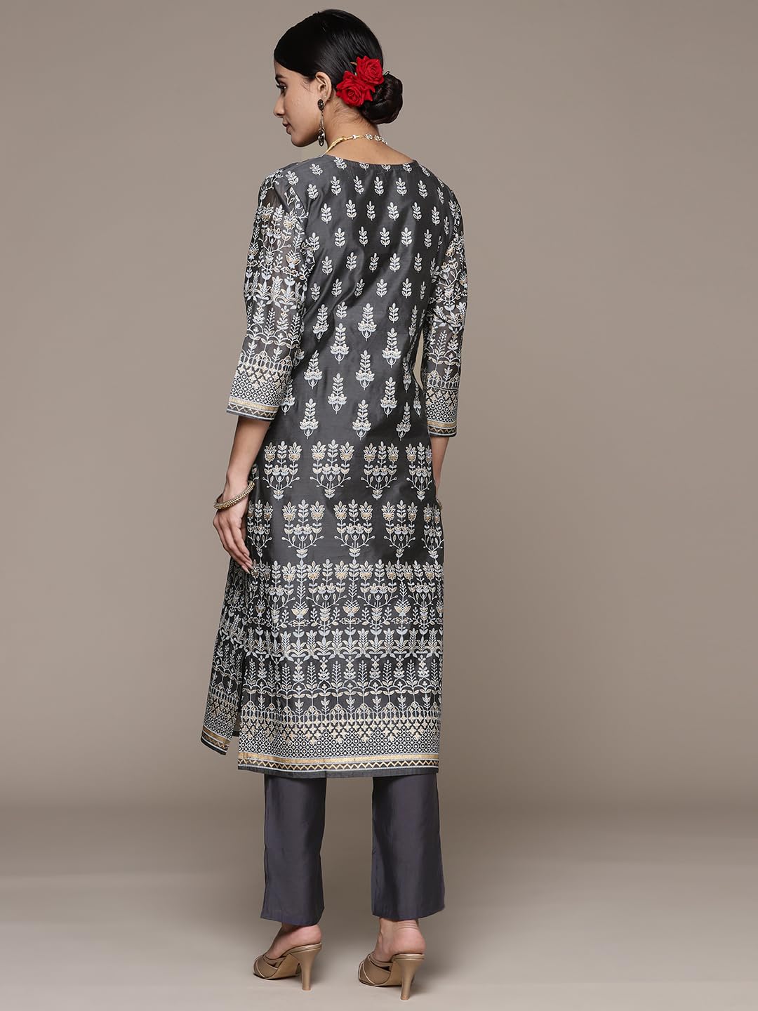 ishin Women's Silk Blend Printed Off White Straight Kurta Suit Set with Pants