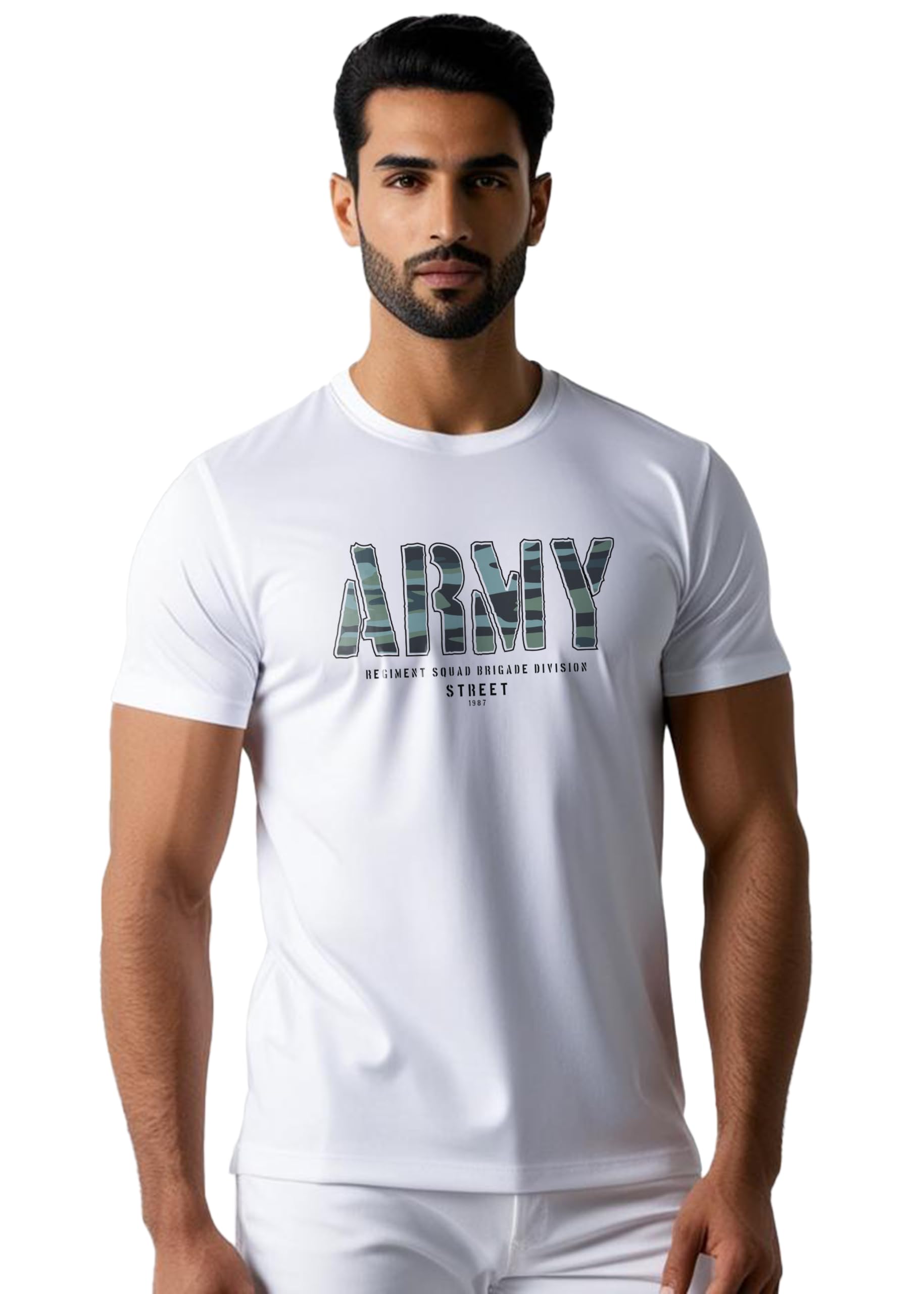 Peppyzone Mens Regular Fit T-Shirt (PZ-Army433_White