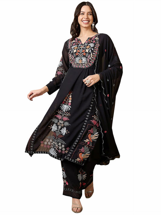Fashion Basket Georgette Straight Floral Plazzo Kurta Set Black
