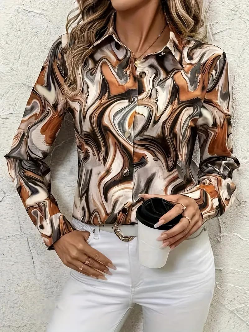 Indoprimo WomenS Satin Shirt With Long Sleeves Western Style Spread Collar Neck Relaxed Fit Abstact Printed Pattern And Standar