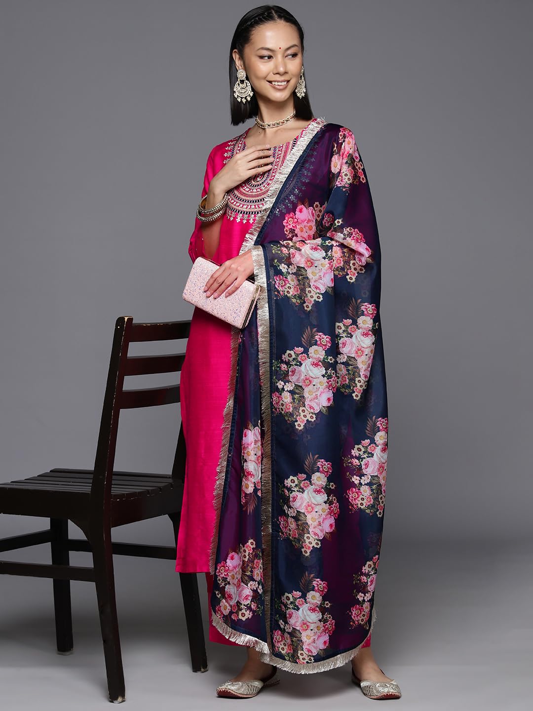 VARANGA Womens Fuchsia Embroidered Sequinned Kurta Set with Dupatta