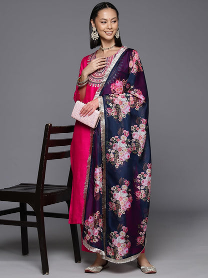 VARANGA Womens Fuchsia Embroidered Sequinned Kurta Set with Dupatta
