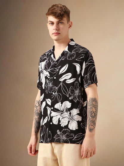 Dennis Lingo Men Black Rayon Half Sleeve Cuban Collar Printed Shirts_Dlmshsp24001