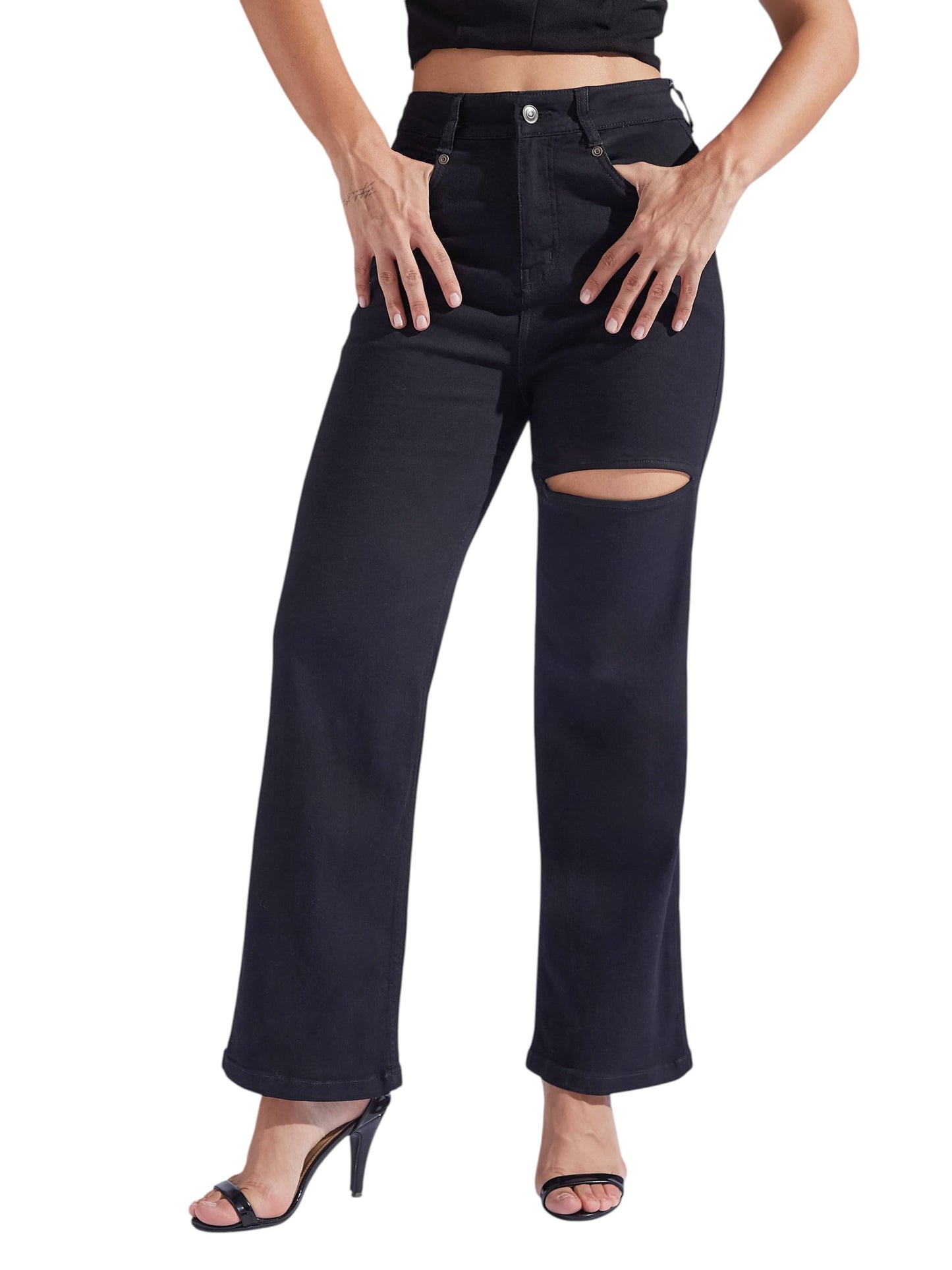 Miss Chase WomenS Straight-Fit High Rise Regular-Length Stretchable Denim Jeans (Mcss23Den89-01-62-28, Black, 28)