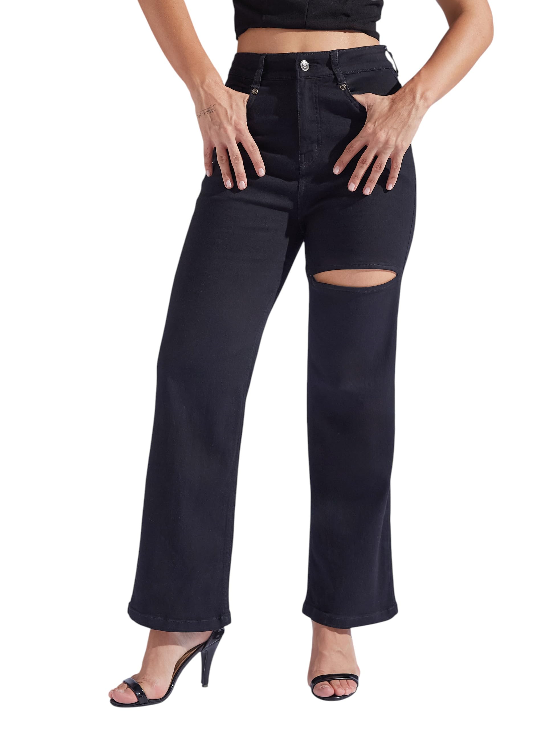 Miss Chase WomenS Straight-Fit High Rise Regular-Length Stretchable Denim Jeans (Mcss23Den89-01-62-28, Black, 28)