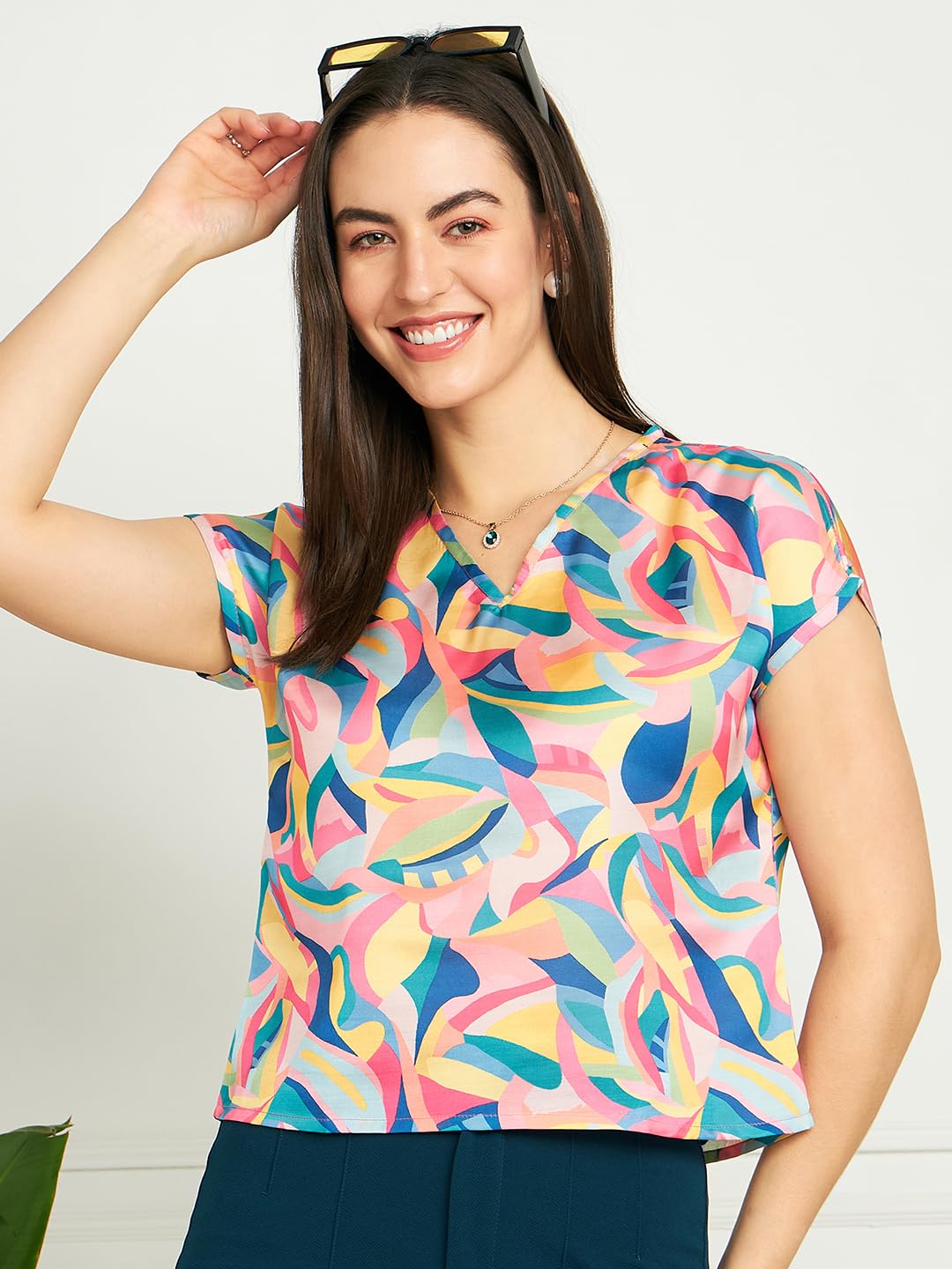 Modeve Women Multicolor V Neck Top For Summer