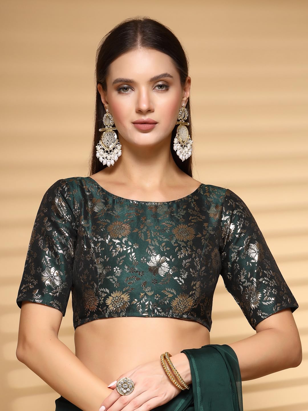 OOMPH! Womens Indian Ethnic Wear Designer Self Design Pattern Zari Work Boat Neck Half Sleeve Forest Green Color Jacquard Ready