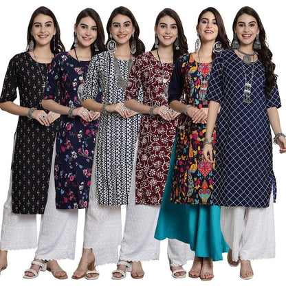 Tee Projekt Crepe Verstaile Straight Printed Kurti For WomenS Ll Casual Wear Kurti (Pack Of 6)