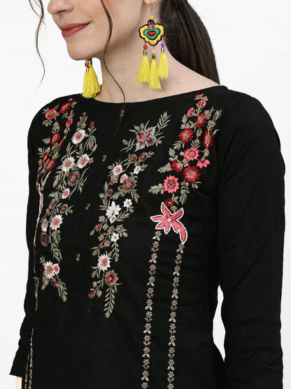 ishin Women's Pure Cotton Straight Embroidered Thread Work Floral Print Black Kurta Suit Set with Trouser