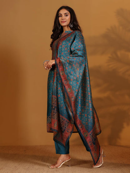 Varanga Ethnic Patola Printed,Straight Kurta With Solid Bottom And Printed Dupatta Teal