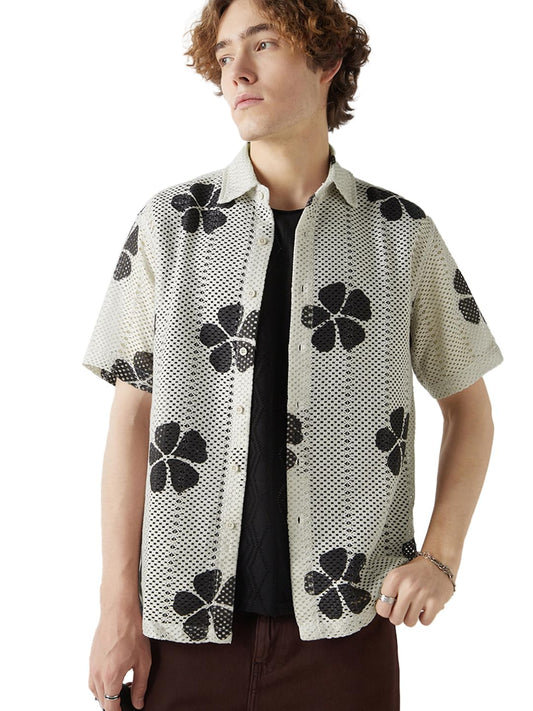 Bewakoof Mens Textured Oversized Fit Half Sleeve Resort Collar Cotton Blend Crochet Shirt_648490_Beige_XL