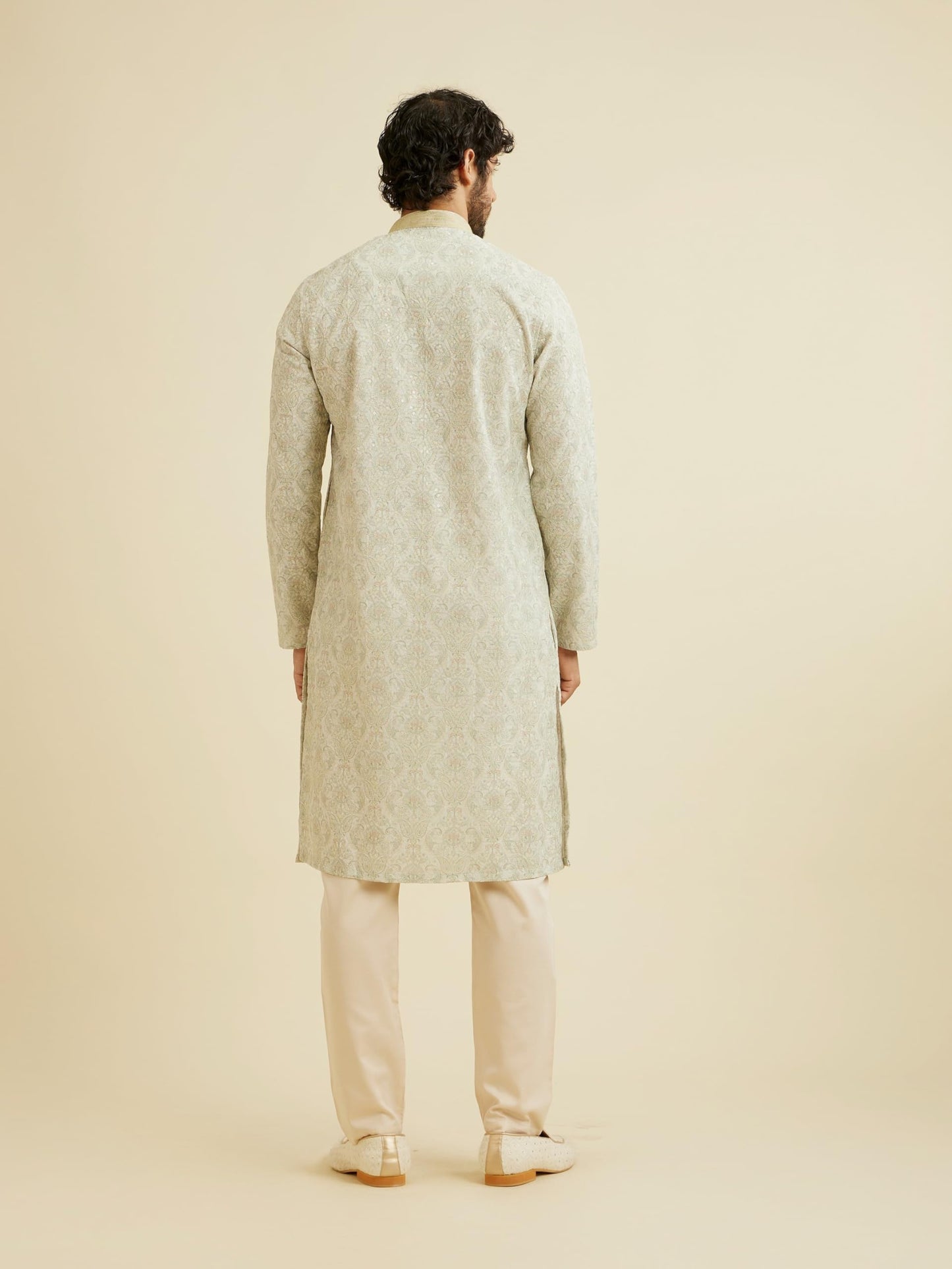 Manyavar MenS Cotton Blend Chikankari Sequined Kurta Pyjama Set (Green,M)