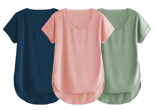 Fabricorn Combo Of Three Plain Sage Green, Dusty Rose And Airforce Blue V-Neck Up And Down Cotton Tshirt For Women (Sage Green,