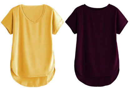 Fabricorn Combo Of Plain Mustard Yellow V-Neck And Wine Round Neck Up And Down Cotton Tshirt For Women (Mustard Yellow And Wine,