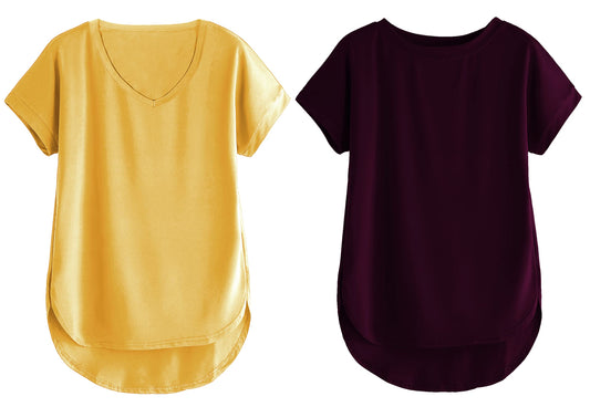 Fabricorn Combo Of Plain Mustard Yellow V-Neck And Wine Round Neck Up And Down Cotton Tshirt For Women (Mustard Yellow And Wine,