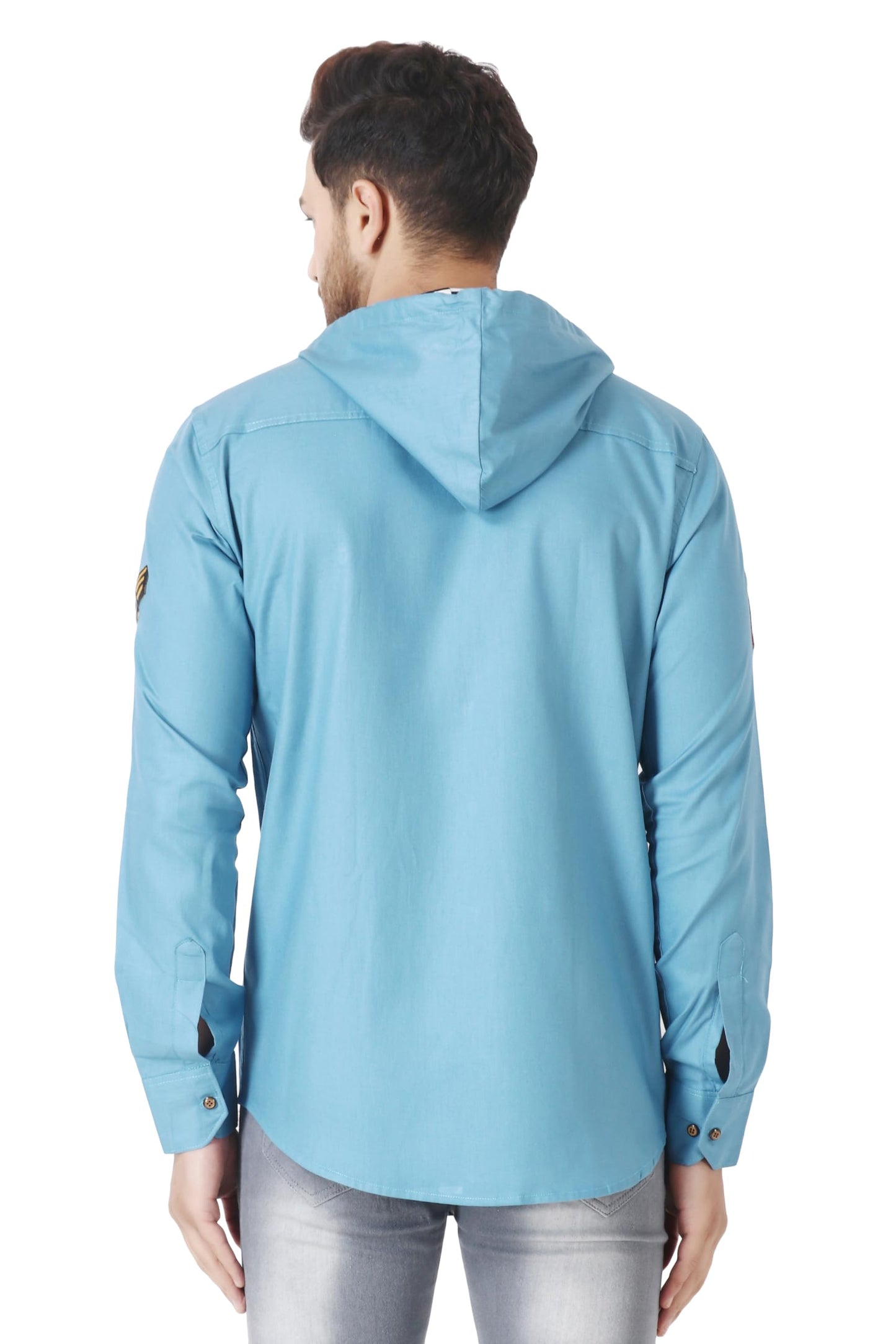 Besix MenS Blue Tailored Fit Cotton Blend Shirt For Man With Hoodie - Casual Long Sleeve Shirt With Pockets - Patch Detail For