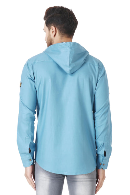 Besix MenS Blue Tailored Fit Cotton Blend Shirt For Man With Hoodie - Casual Long Sleeve Shirt With Pockets - Patch Detail For