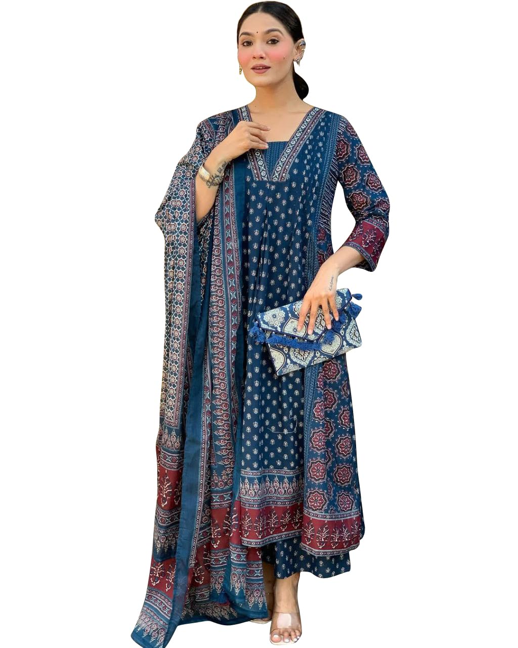 Toochki Women Printed Anarkali Kurta and Pant Set with Dupatta Teal Blue