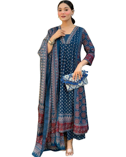 Toochki Women Printed Anarkali Kurta and Pant Set with Dupatta Teal Blue