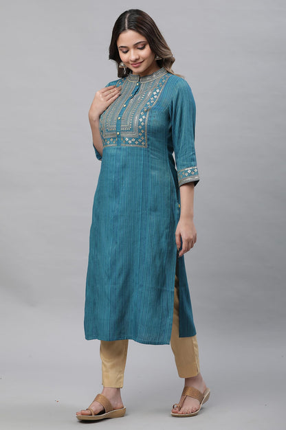 Aurelia WomenS Blue Embellished Lurex Stripes Kurta
