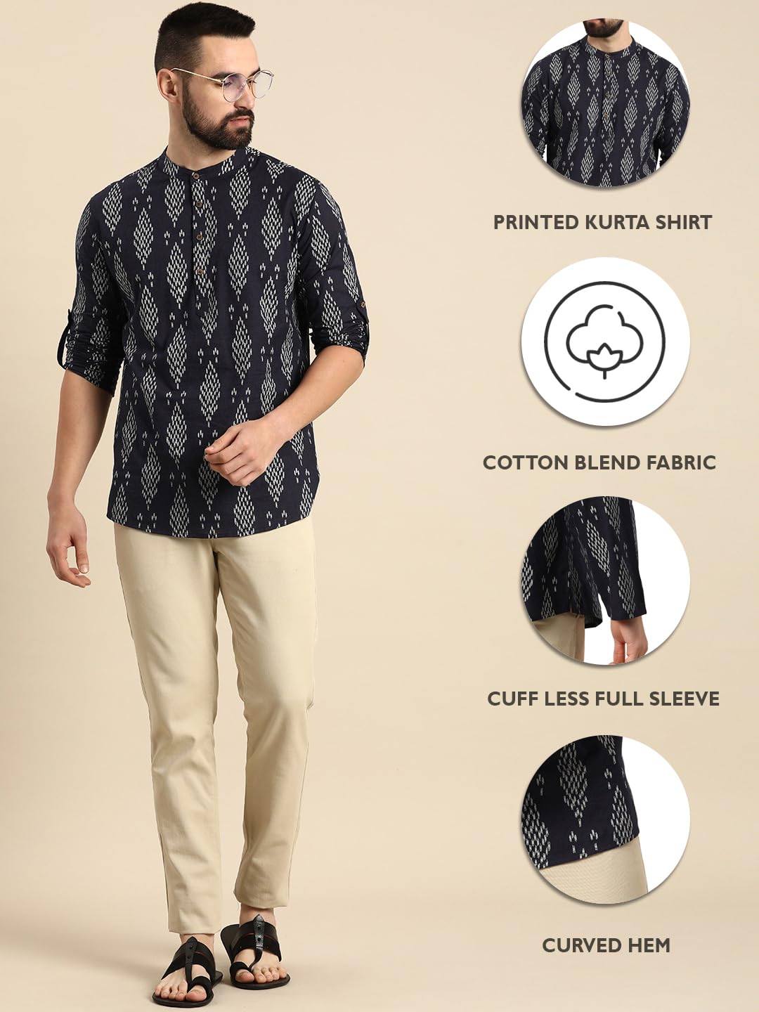 Zombom MenS Cotton Blend Solid Regular Fit Full Sleeve Printed Short Kurta | Ethnic, Lightweight Summer Kurta For Daily & Occas