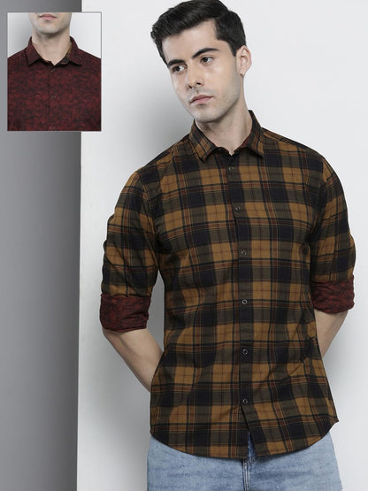 The Indian Garage Co Yellow Regular Fit Spread Collar Checkered Long Sleeves Shirt
