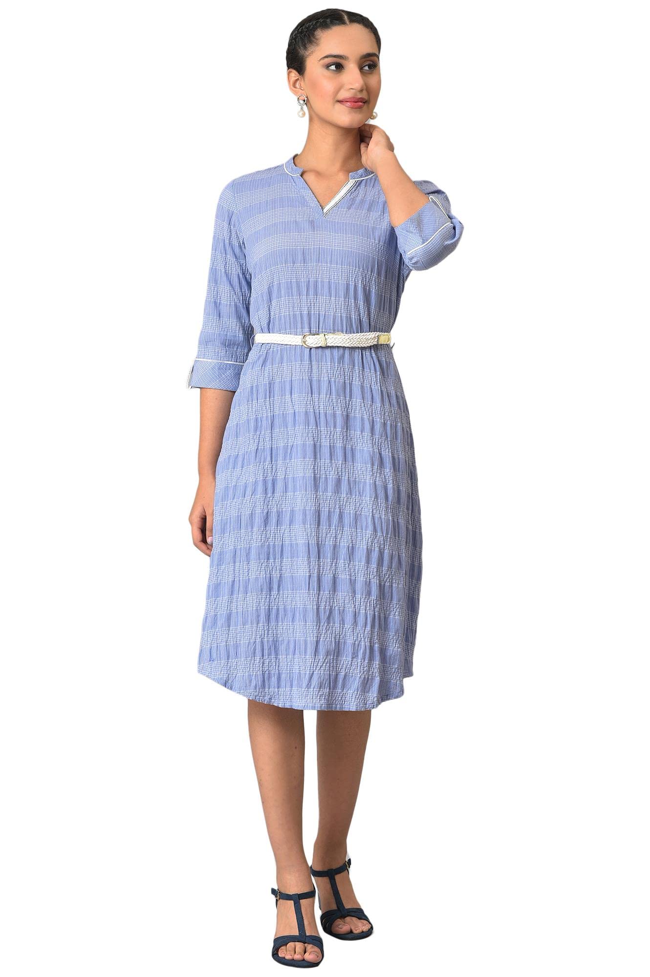 Aurelia Women's Cotton Blue Geometric Band Collar Straight Kurta_23FEA13423-703417_XS