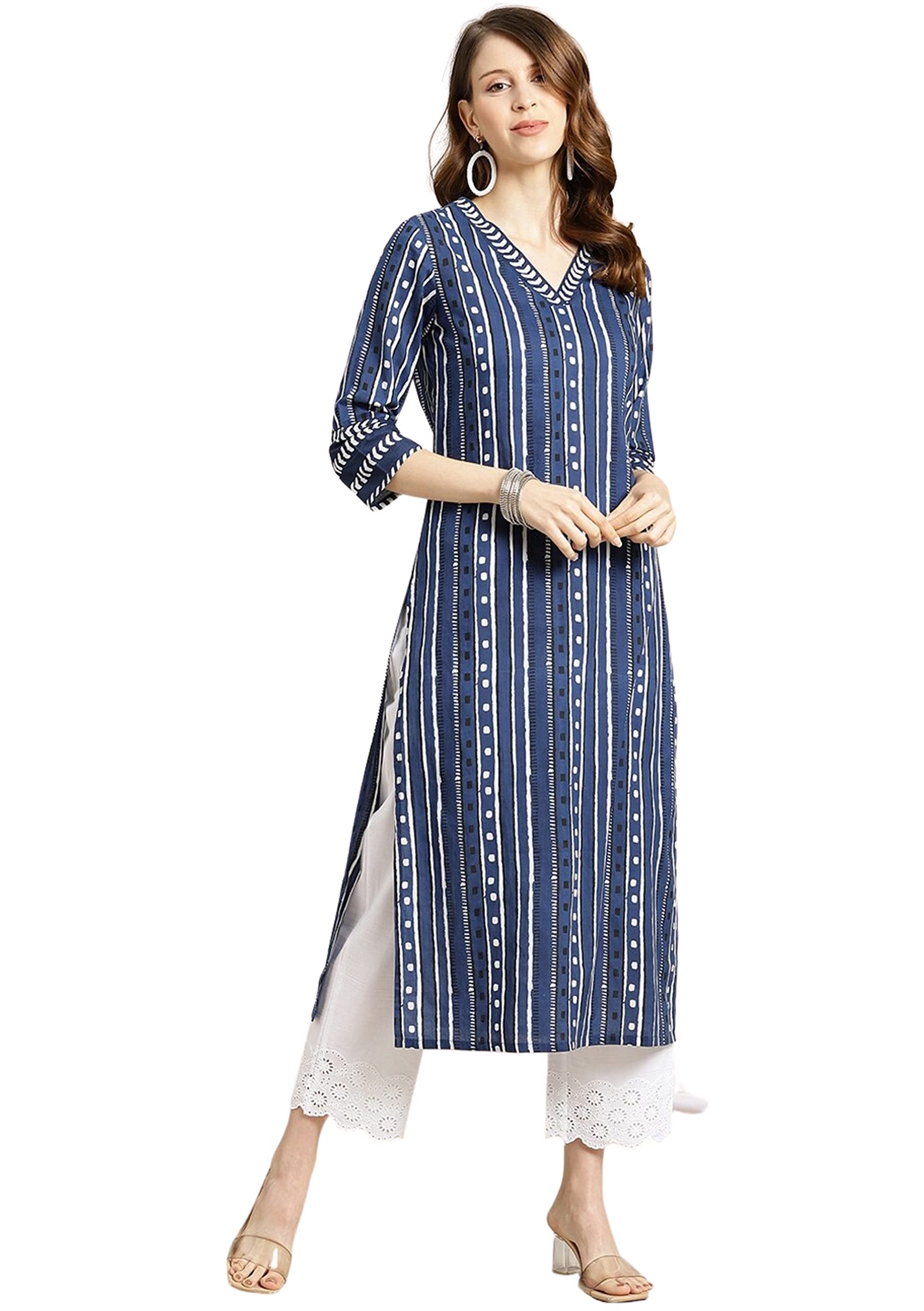 rytras Womens Cotton Printed Straight Kurti (Large) Blue