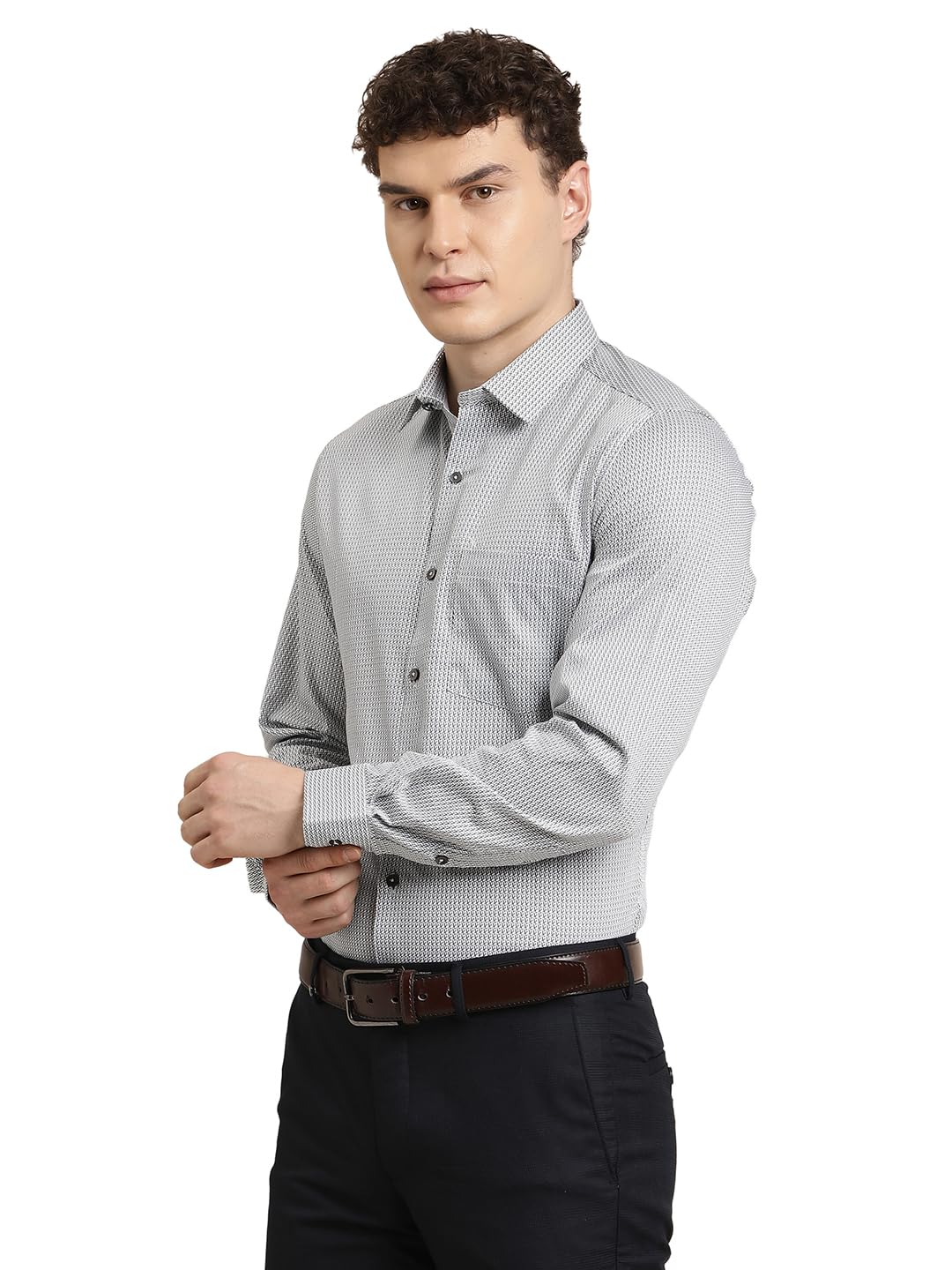 Turtle Men Slim Fit Printed Pure Cotton Grey Formal Shirt